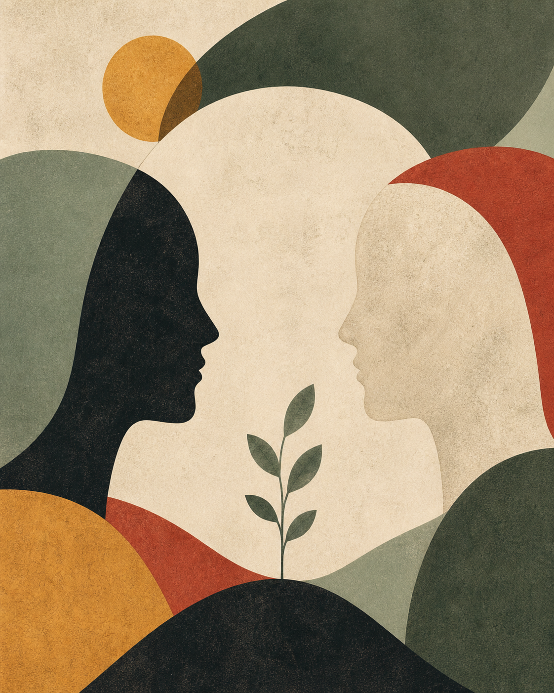 Ilustração abstrata de perfis em encontro e uma planta crescendo
